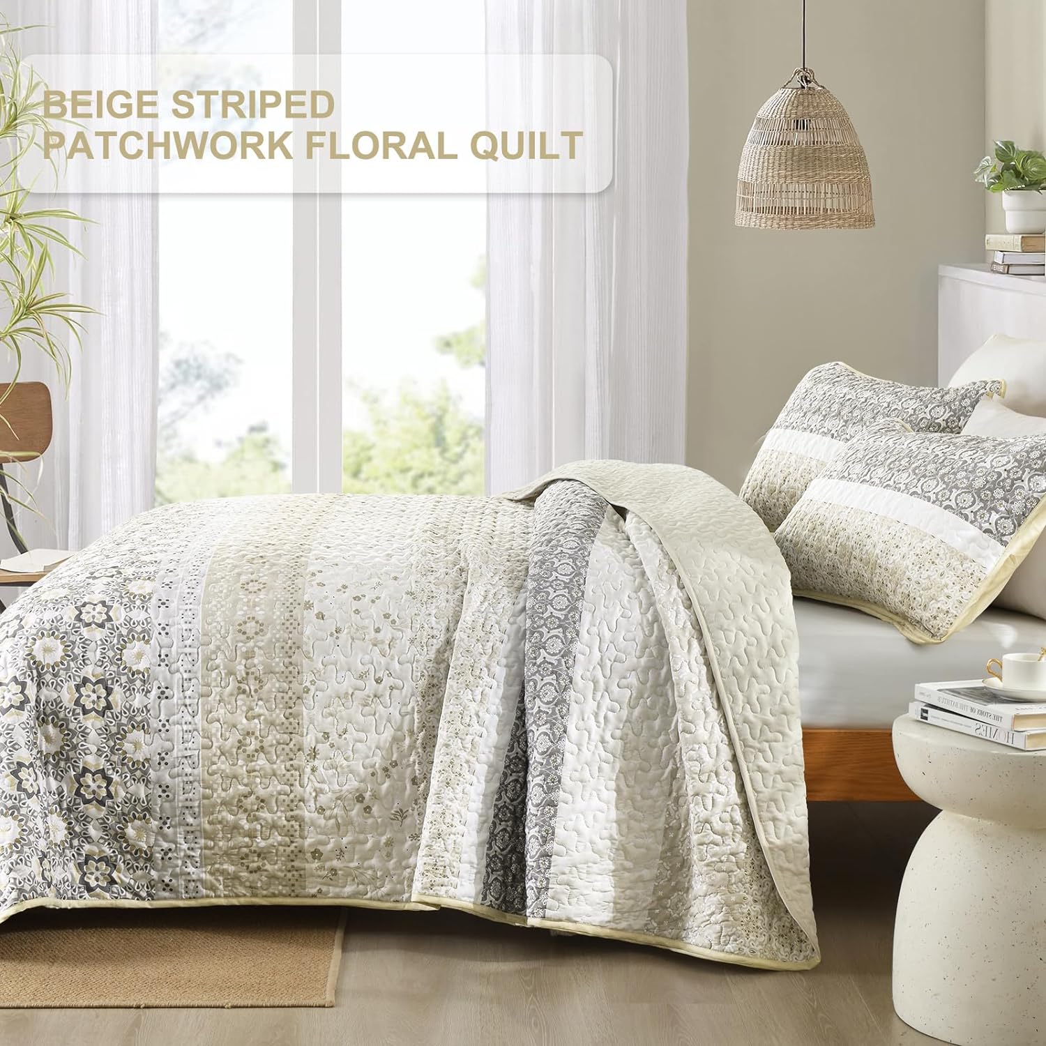 WONGS BEDDING Boho Quilt Set Queen Size,Beige Bohemian Striped Patchwork Bedspread Set,3 Pieces Microfiber Bedding Set for All Seasons (96"x90") - Image 3