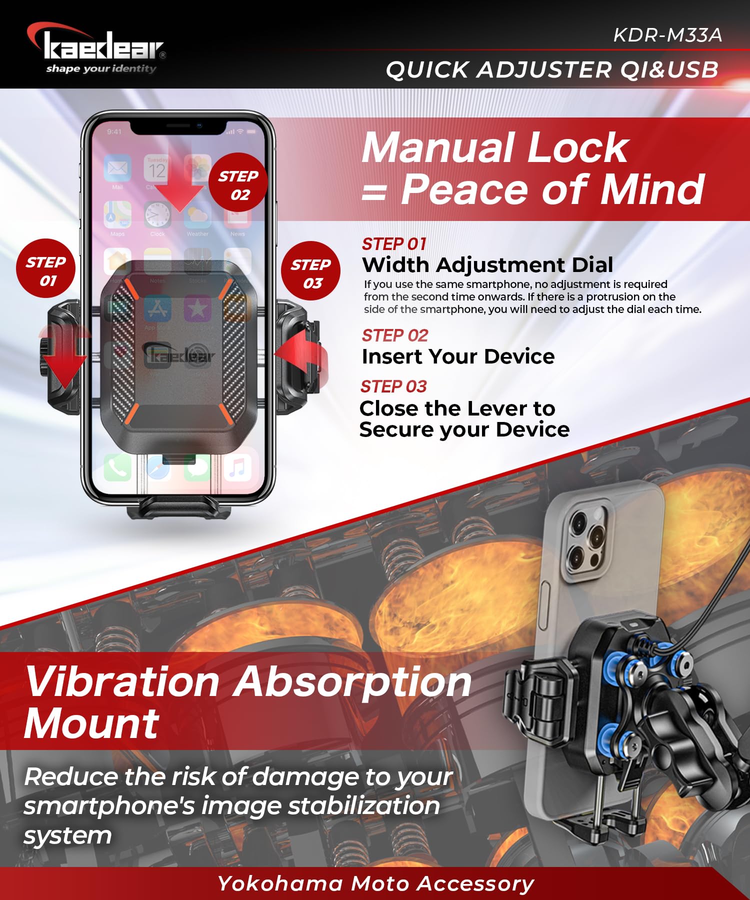 Kaedear Supporto per telefono per moto di ricarica wireless Qi, KDR-M33A