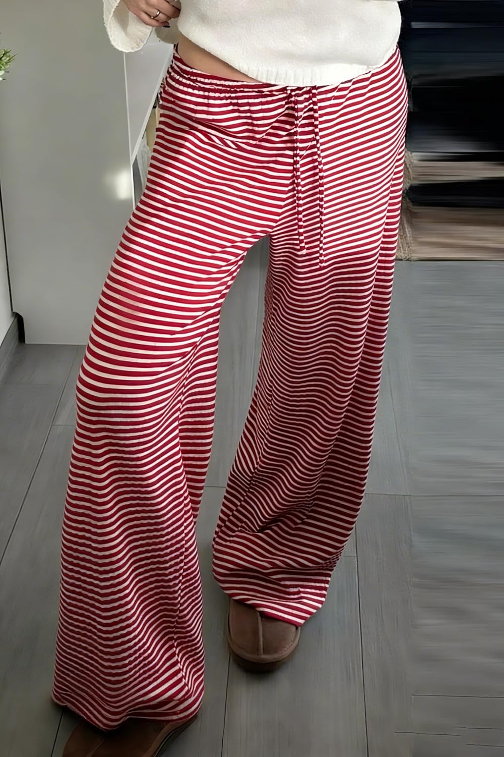 Womens Comfy Pajama Pants Striped Low Waisted Lounge Pants Elastic Waist Drawstring Long Trousers - Image 2