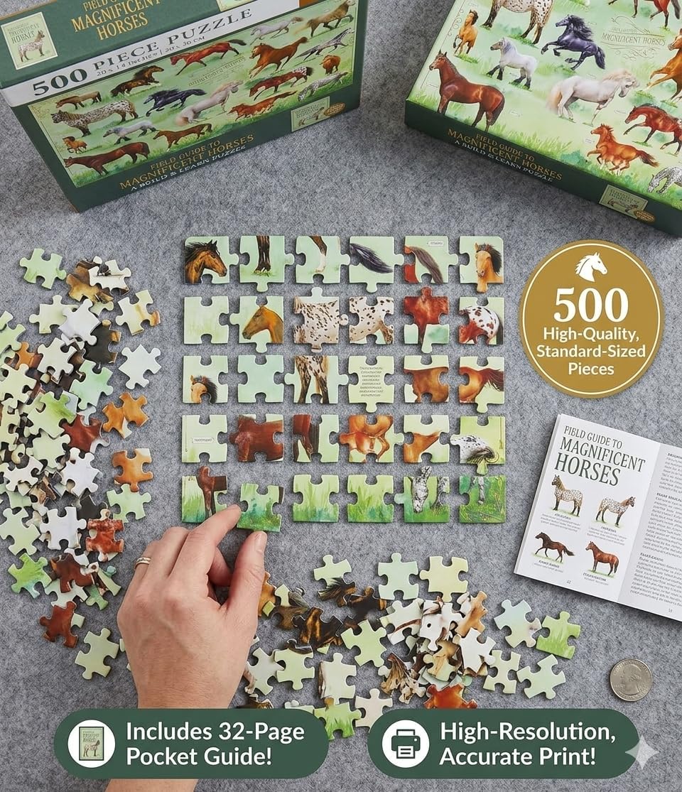 500 Piece Jigsaw Puzzle for Kids & Adults - Magnificent Horses - 20" x 14" - Includes 32 Page Pocket Guide - Detailed Painted Artwork for Fans of Animals - Gift for Boys, Girls, Men, Women, Teens