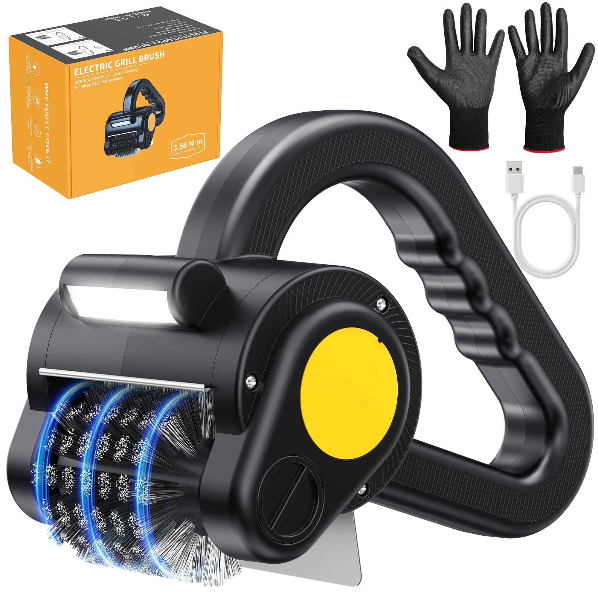 Elektrische Grillbürste, Electric Grill Brush Wiederaufladbarer Grillreiniger mit Edelstahl-Bürstenkopf, LED-Licht, 150 Min Laufzeit, 4400mAh Akku, Reinigungsbürste für Grillrost, Smoker, Grillplatte