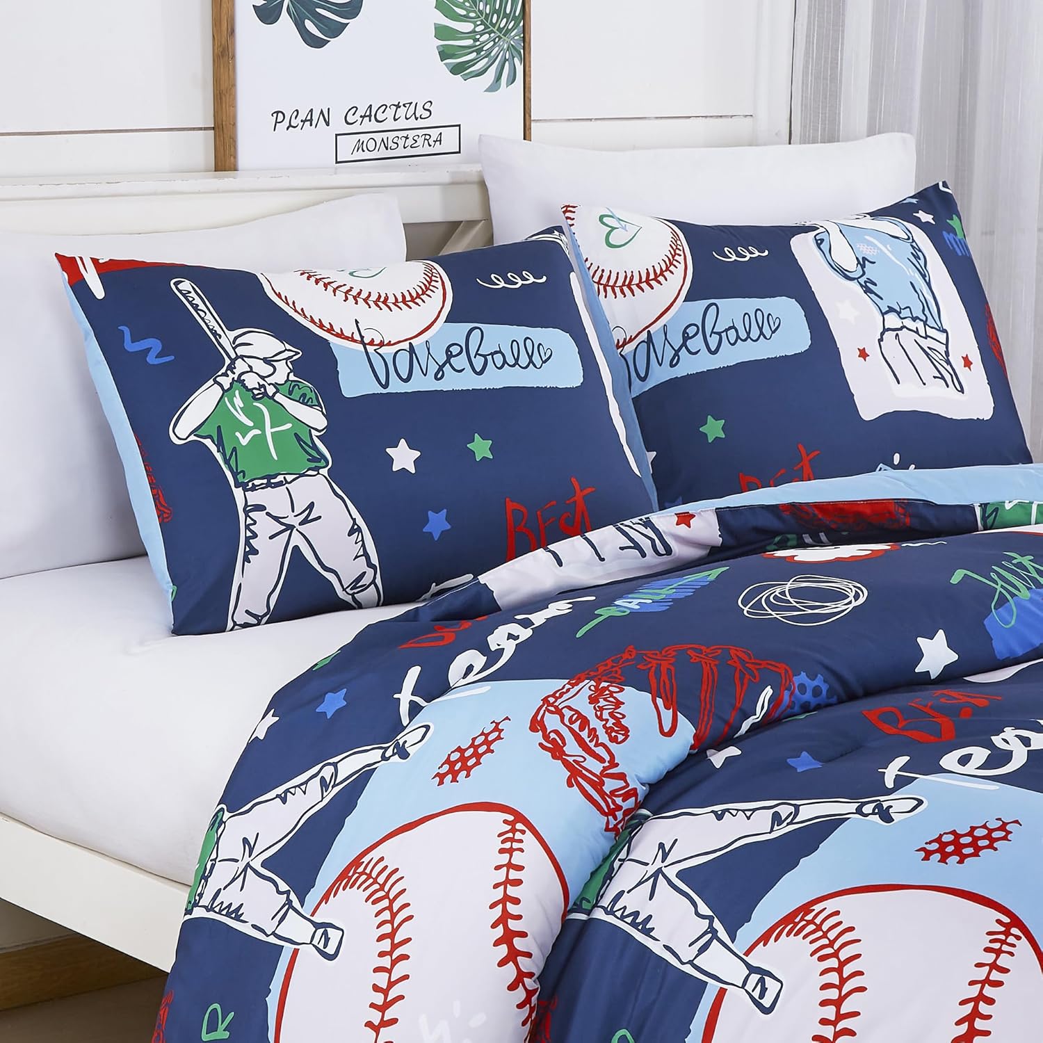 WPM WORLD PRODUCTS MART Baseball Print Comforter Set with Pillow Shams, Stars and Helmet Design, Full Size, Sports Theme Bedding Blue Red (Baseball Season, Polyester, Full)