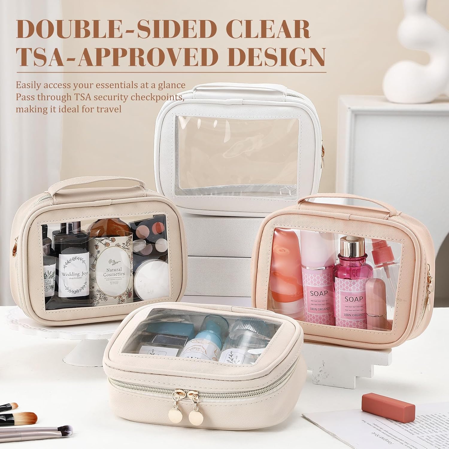 Kigeli 4 Pcs Clear Makeup Bags for Car Essential, Waterproof Clear Travel Toiletry Organizer Leather Makeup Bags with Handle Zipper, Small Cosmetic Pouch Set for Women Car Gift(Nude Color) - Image 5