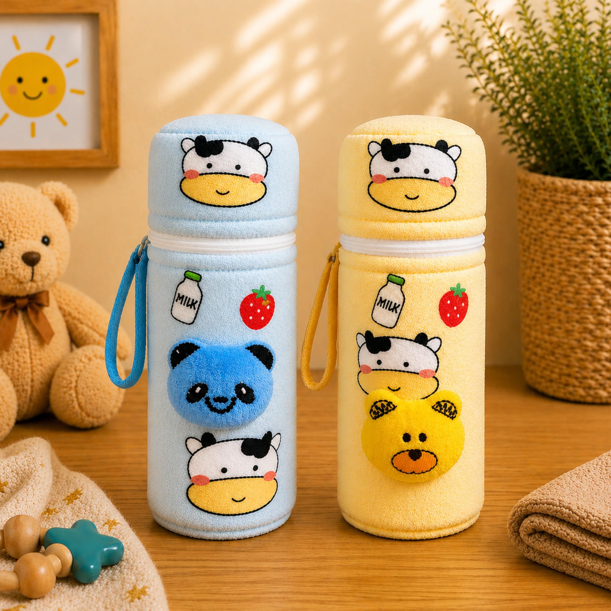 THE LITTLE LOOKERS Soft Plush Stretchable Baby Feeding Bottle Cover with Easy to Hold Strap | Cute Animated Overall Print Pack of 2 (Yellow & Blue, Zip Closure 120ml,150ml/4oz,5oz)-image-29