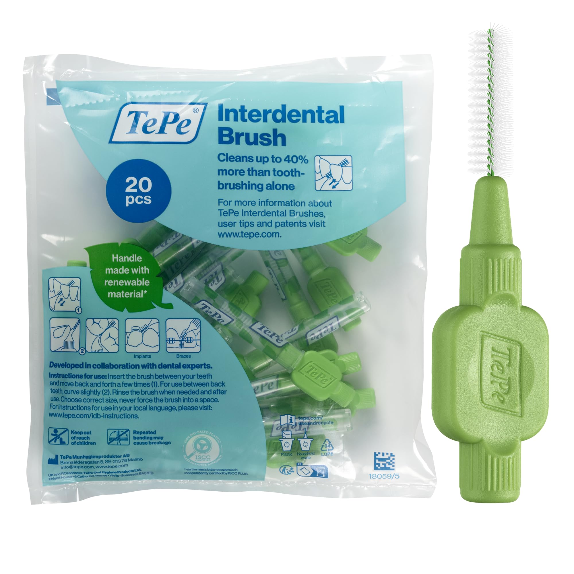 Interdental Brush, Original, Green, 0.8mm/ISO 5, 20pcs, efficient Cleaning Between Teeth, Plaque Remover and Dental flosser for Small Gaps