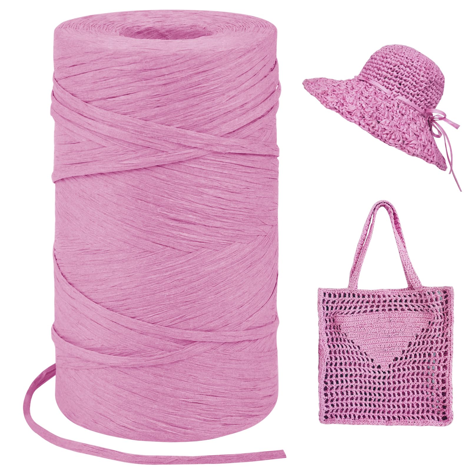 Pink Raffia Yarn for Crochet Bags, 3mm x 328 Yards Flat String Raffia Ribbon for Gift Wrapping, Raffia Paper Ribbon Yarn for Crocheting Sun Hat, Bag, DIY Crafts, Holiday Decoration
