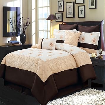 Royal Hotel Bedding Madison Gold, Ivory and Chocolate Queen Size 12 Piece Comforter Set Includes Comforter, Bed Skirt, Pillow Shams, Decorative Pillows, Flat Sheet, Fitted Sheet, Pillowcases.