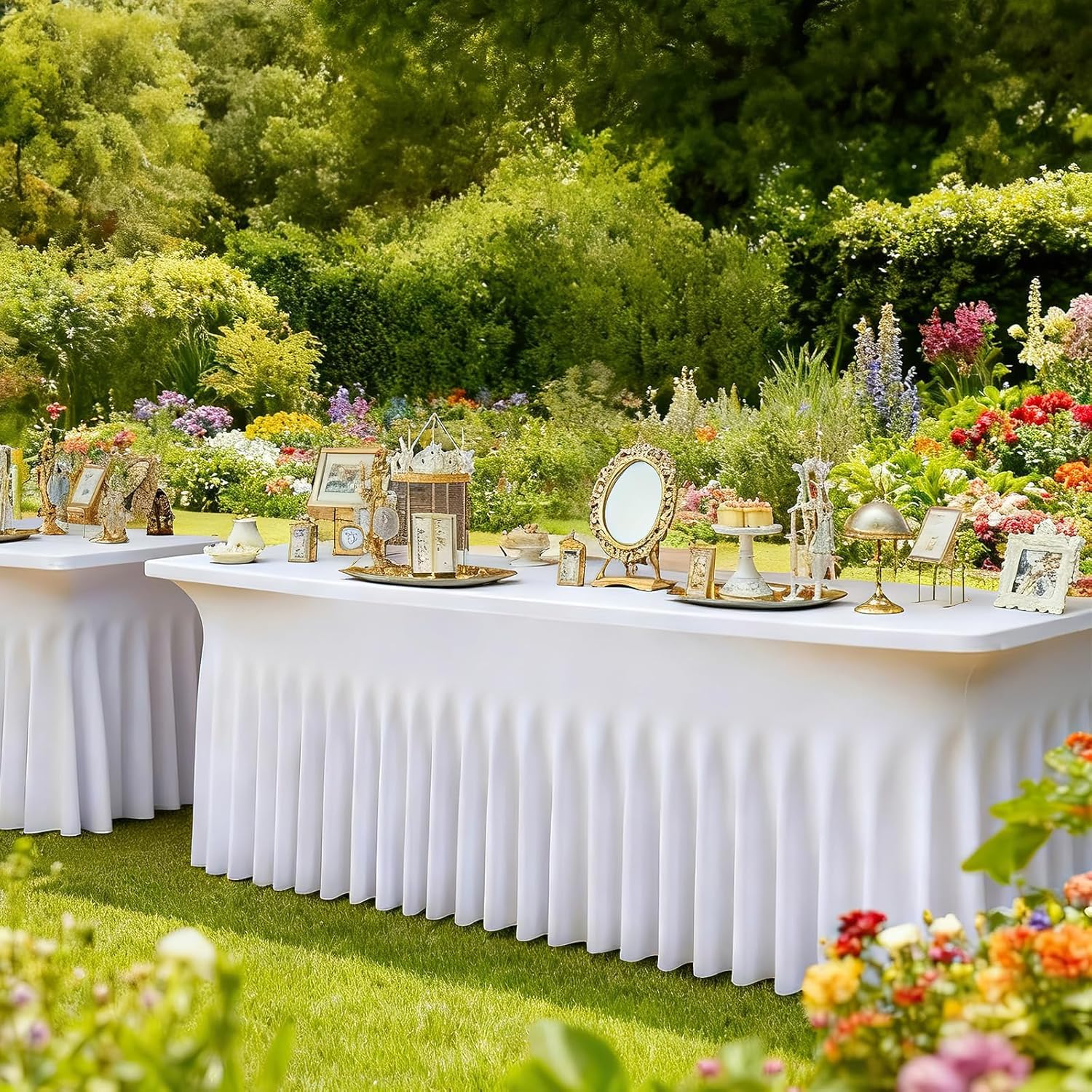 2er Set Tischrock Weiß 183 x 76 cm (6ft) Stretch Spandex Tischhusse rechteckig - Faltenrock Tischdecke & Skirting für Hochzeit Party Buffet Gastronomie - Tischverkleidung Bügelfrei & Waschbar