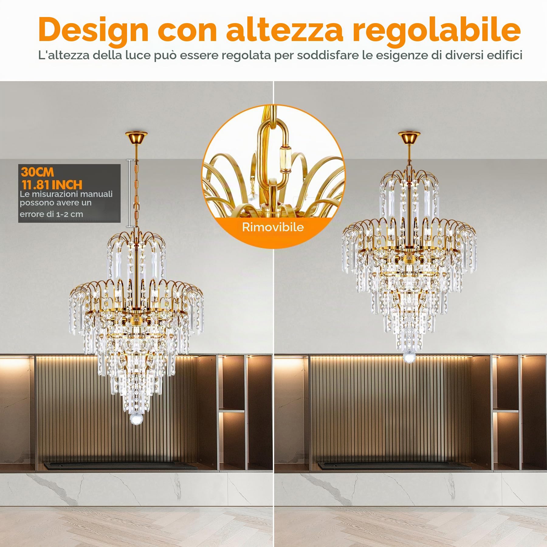 Ridgeyard - Lampadario in cristallo, 3 luci, catena regolabile, stile moderno a goccia di cristallo, K5, illuminazione LED da soffitto per camera, soggiorno, corridoio, 7 livelli, Oro