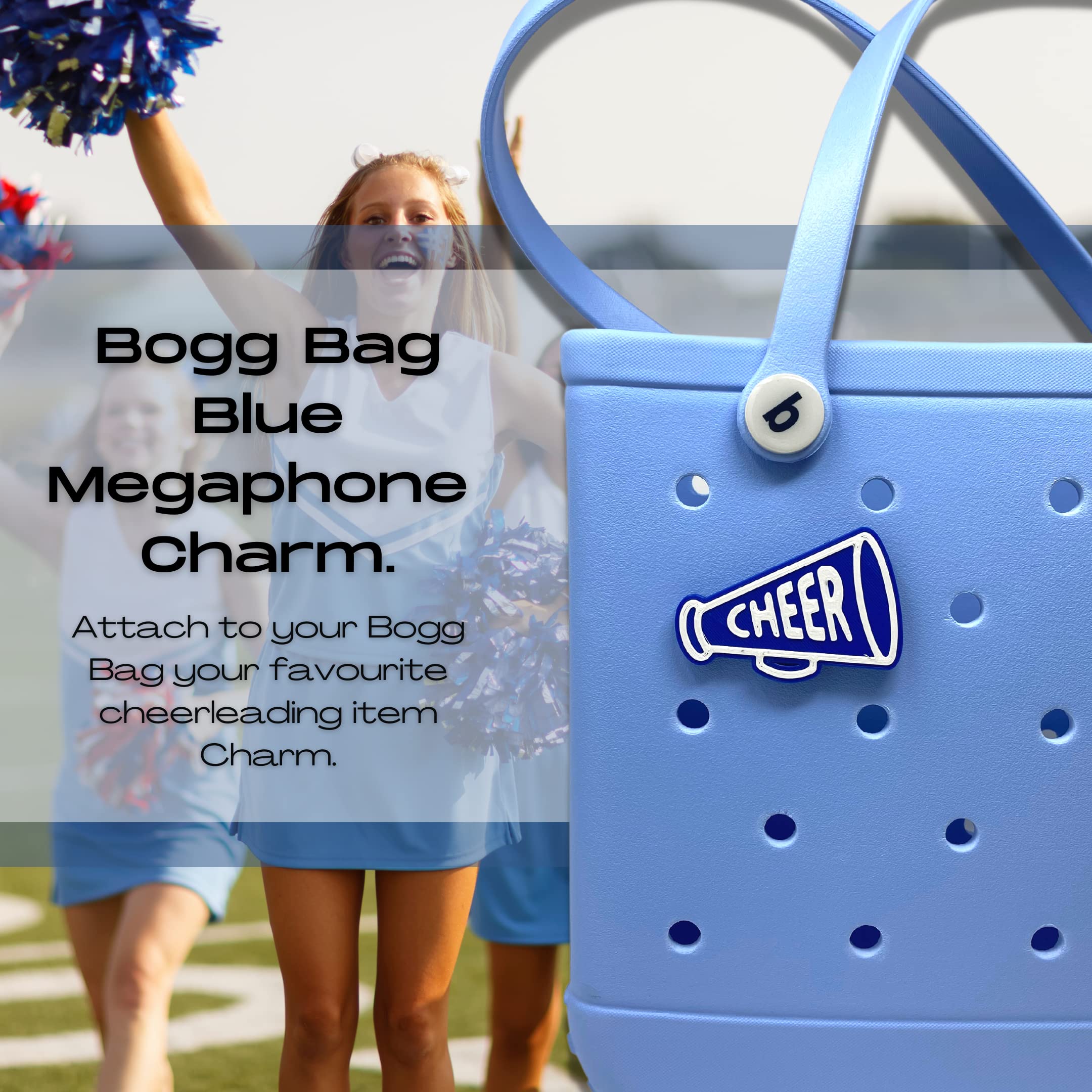 BOGLETS - Cheerleading Charm Compatible with Bogg Bags - Decorative Charm for Bogg Bags & Other Tote Bags (Blue Megaphone)