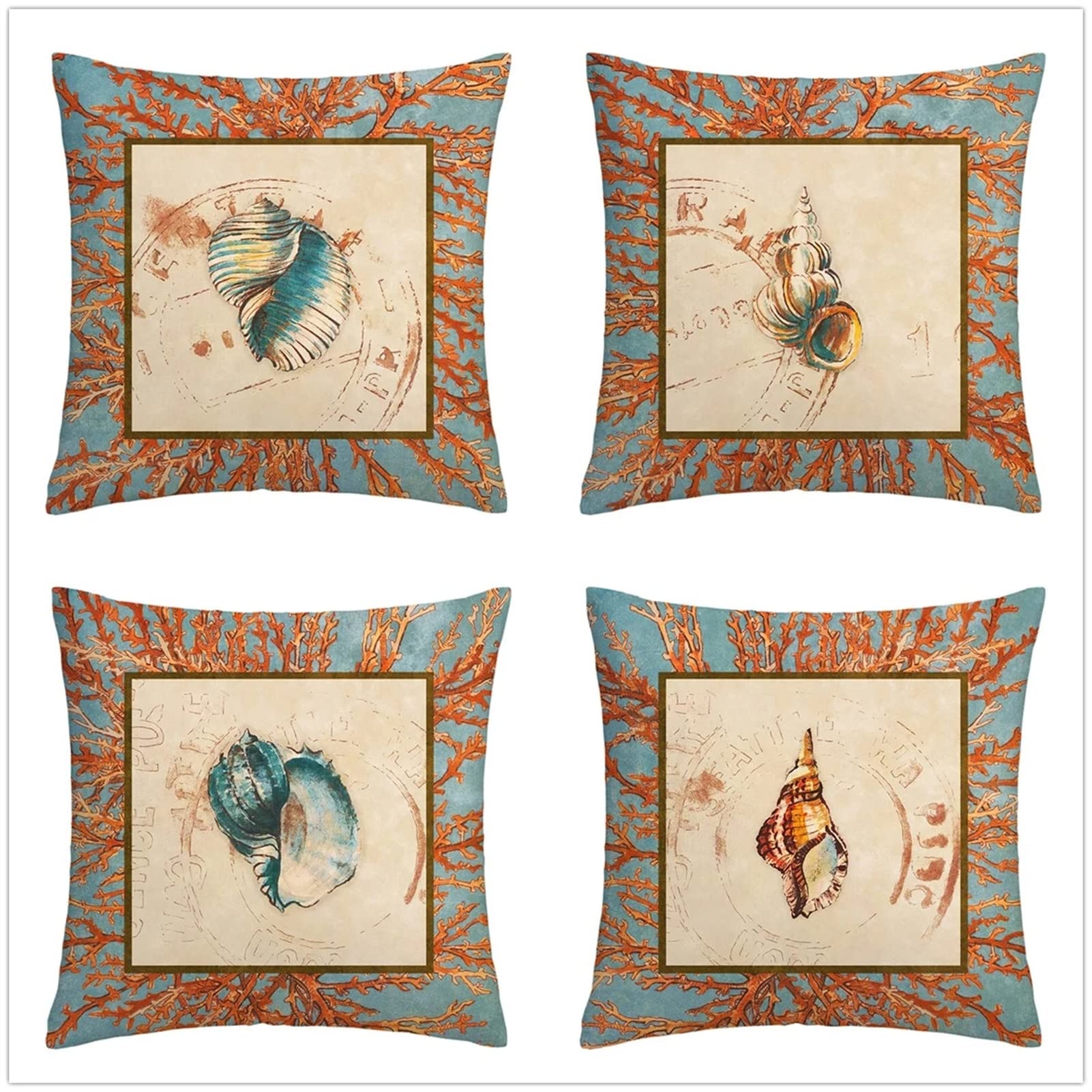 Juego de 4 Funda de Cojín 60x60cm, Concha De Concha Retro Flor Doble Cara Estampados Terciopelo Suave Fundas Cojines,fundas Almohadas con Cremallera invisible,para Sofá Cama Decoración para Hogar