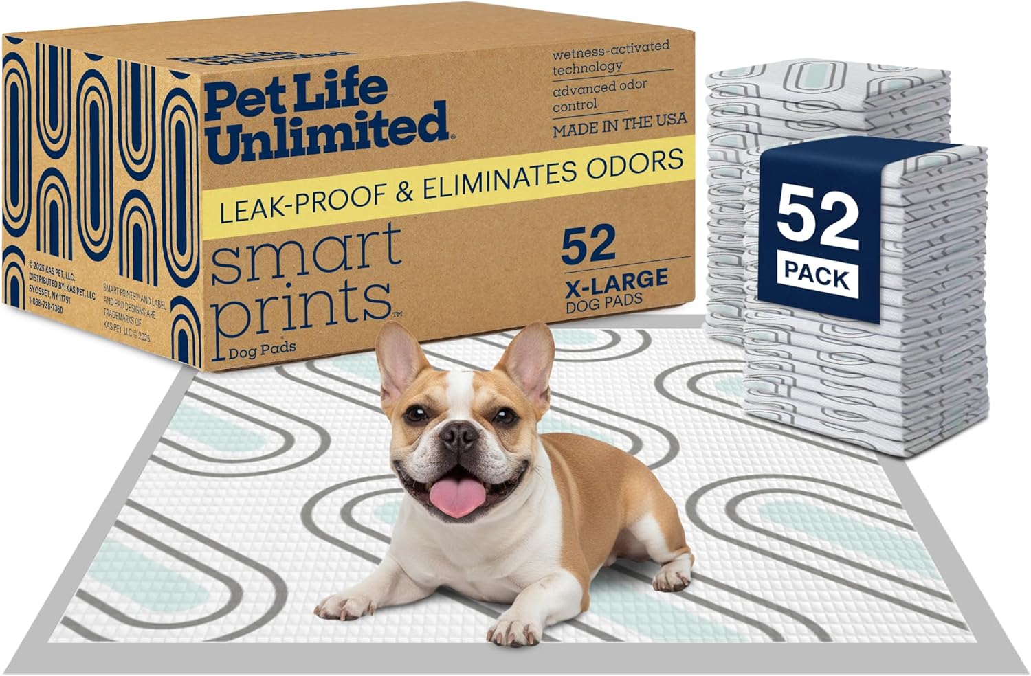 Pet Life Unlimited Smart Prints XL Puppy Pads for Dogs, Potty Training Pee Pads, 52 Count, 26" x 30", Leak-Proof, Super Absorbent, Quick-Dry, Patterned Pads with Odor Control, Made in USA