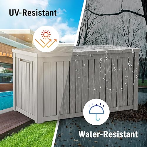 Vista 34 de Mars Villa Deck Box, Waterproof Weatherproof and UV Resistant Resin Storage Bin with Lockable Lid, Ideal for, Outdoor, Patio Furniture Cushions