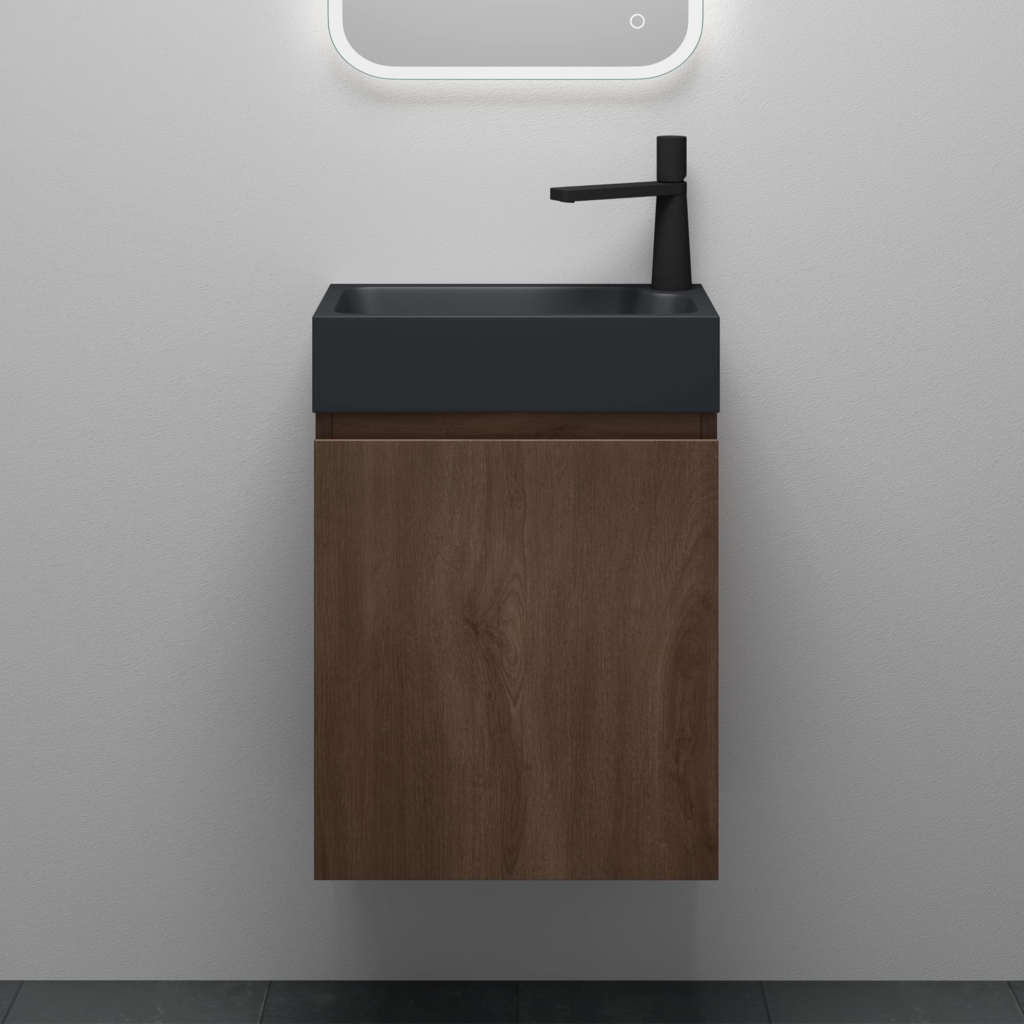 Mai & Mai Mueble de Baño con Lavabo 46x26x63 cm – Suspendido, Mármol Fundido Antracita Mate, Acabado Roble Stirling, con Espacio de Almacenaje