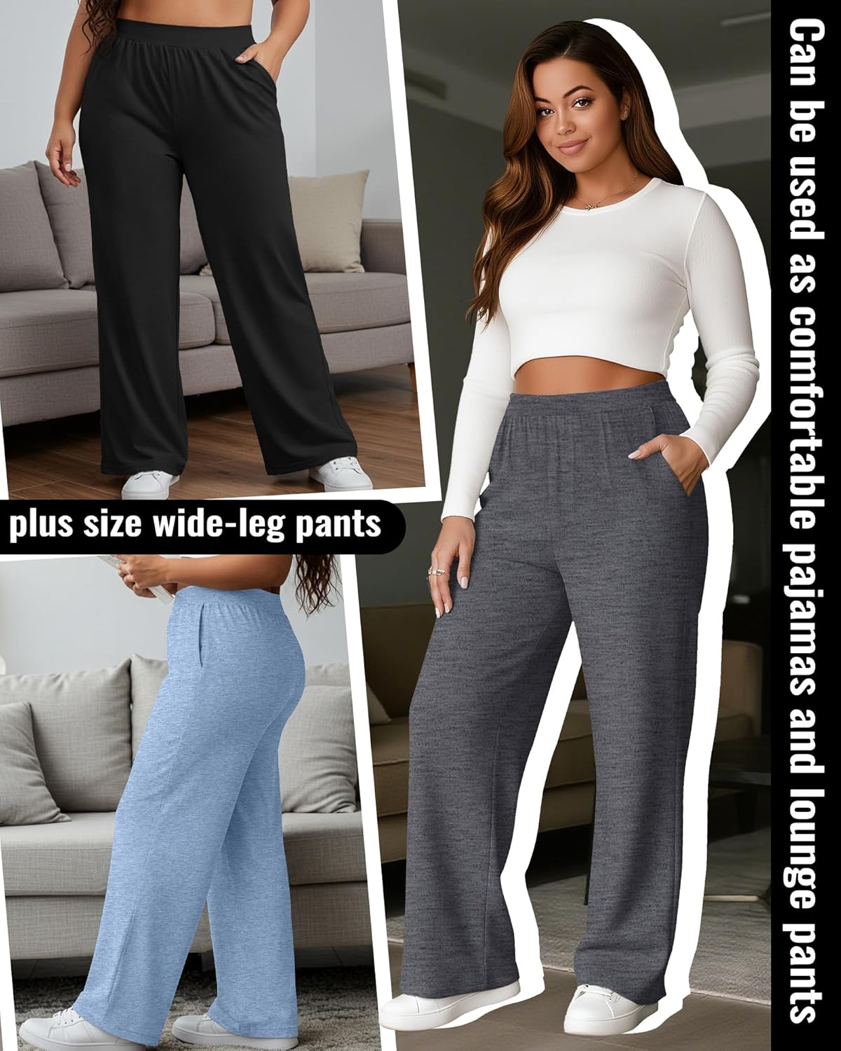 Huukeay 3 Pack Women's Plus Size Pants, High Waisted Wide Leg Pants Casual Pajamas Pants Loose Yoga Sweatpants with Pockets