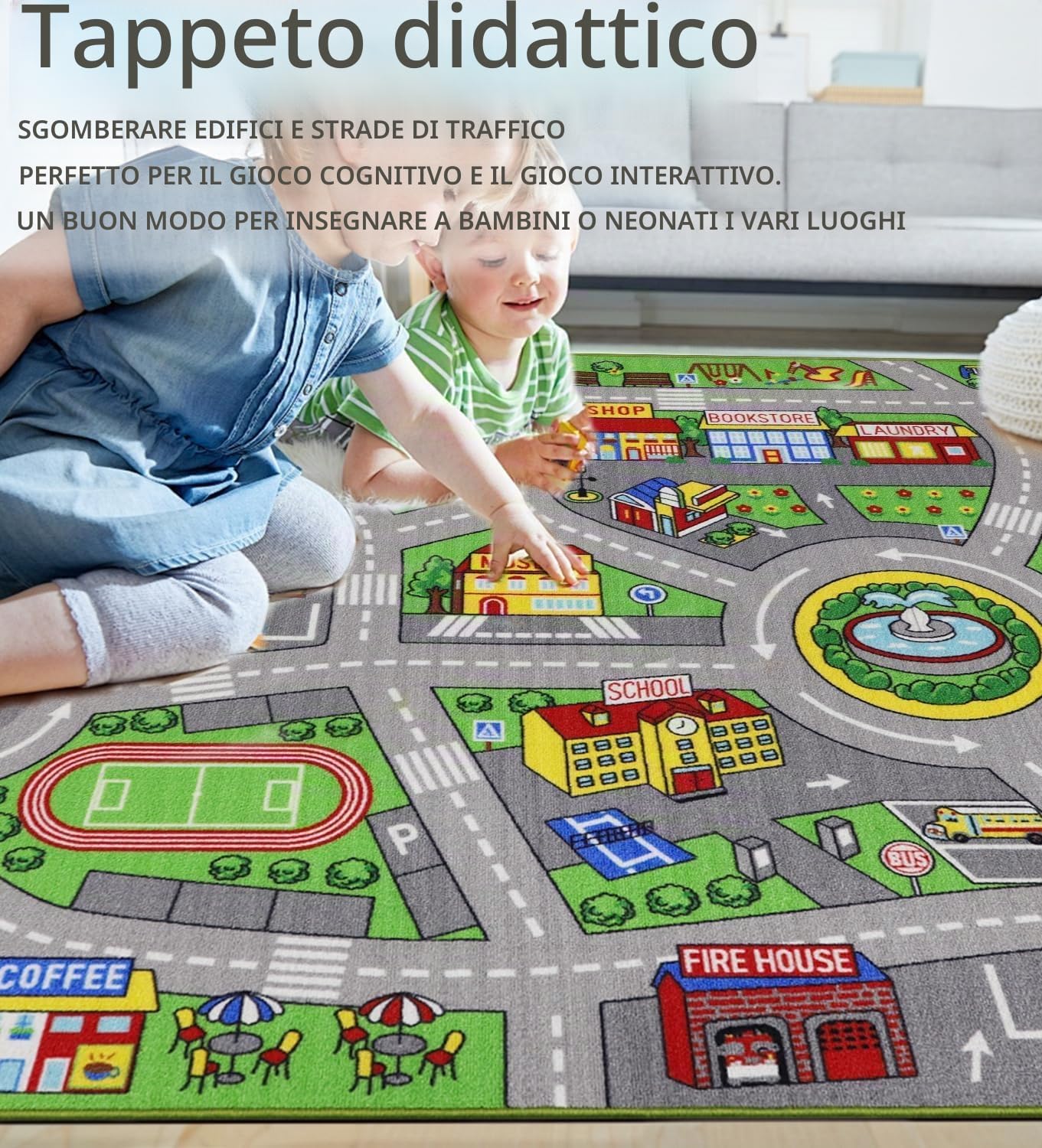 Capslpad Tappetino da gioco per auto, 150 x 200 cm, antiscivolo, con mappa della città, tappeto interattivo, lavabile in lavatrice, creativo, educativo, per bambini, adolescenti, stanza dei giochi