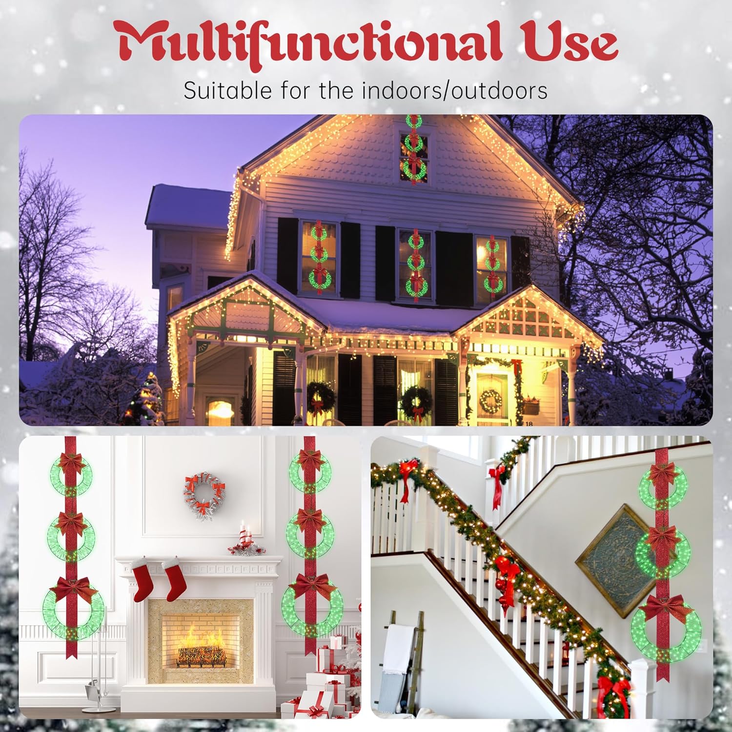 Hmlinktt 3-Piece Outdoor Lighted Christmas Wreath, 61"L Christmas Wreaths with 3 Red Bow & 300 LED Lights, Christmas Wreaths for Front Door with Hook, Wreath Decorations for Home Yard, Green, Set of 2