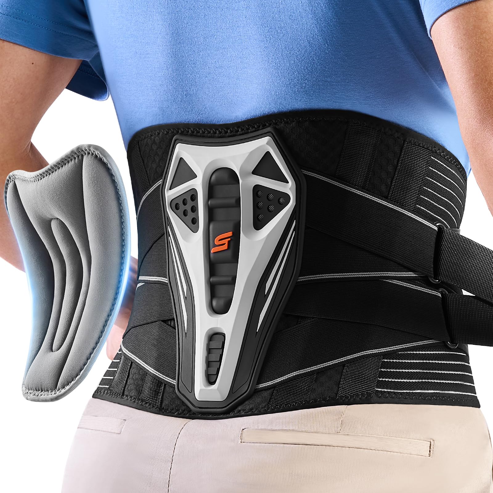 SueStar Rückenstützgürtel mit 3D-Stützkissen Rückenbandage Rückenstütze L | Bionischer TPR-Smart-Stützrahmen + 3D-Stützkissen + 4 Stützstreben rutschfeste Silikon-Innenseite, atmungsaktives Mesh-Gewebe