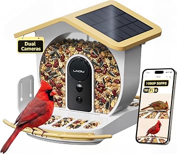 Bird Feeder with Camera, Dual Cameras 1080P 50FPS Smart Bird Feeder for Outside, AI Bird Recognition, Solar Powered WiFi 6, IP65 Waterproof