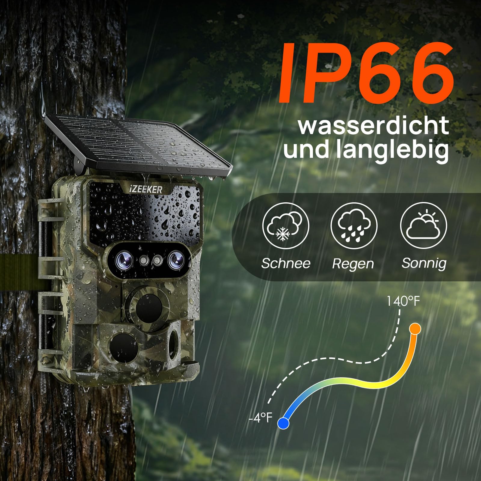iZEEKER Wildkamera WLAN Duales Objektiv 4K 30fps 60MP, Wildtierkamera mit Sternenlicht Nachtsicht Bewegungsmelder, 120° Erfassungswinkel 0,1s Auslösezeit, Wildcamera mit 32GB SD-Karte und 4 Batterien