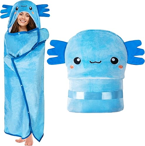 Axolotl - Manta con capucha para adultos, súper suave, cálida y acogedora manta de franela de vellón y sherpa con capucha - Regalos de ajolote para