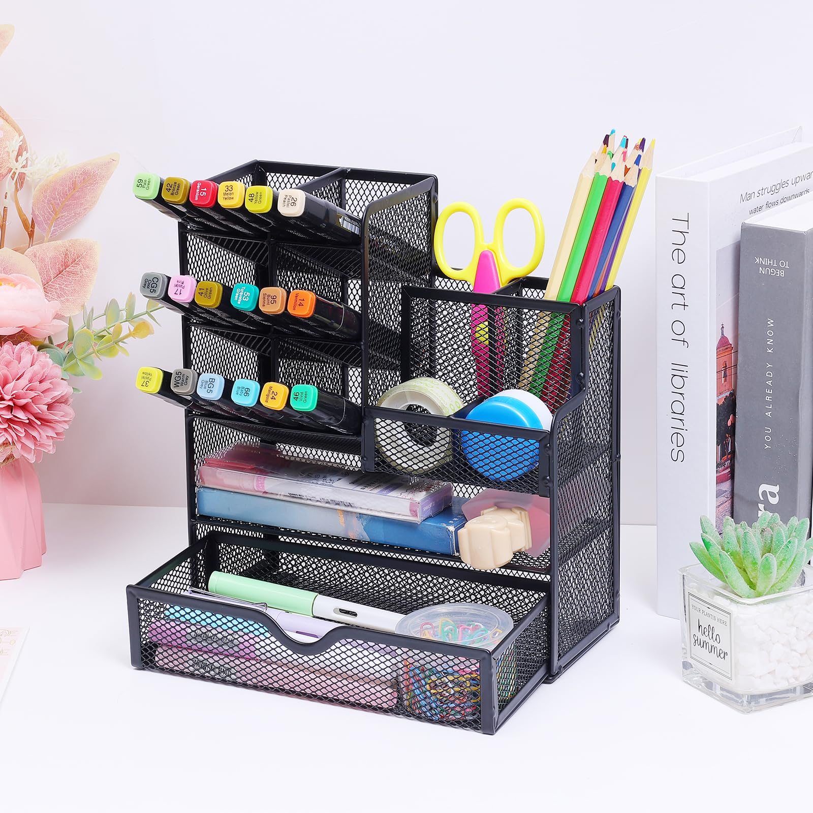 Organizzatore portapenne a rete con cassetto, portamatite multifunzionale per scrivania, organizer da scrivania e accessori per ufficio scuola (S)