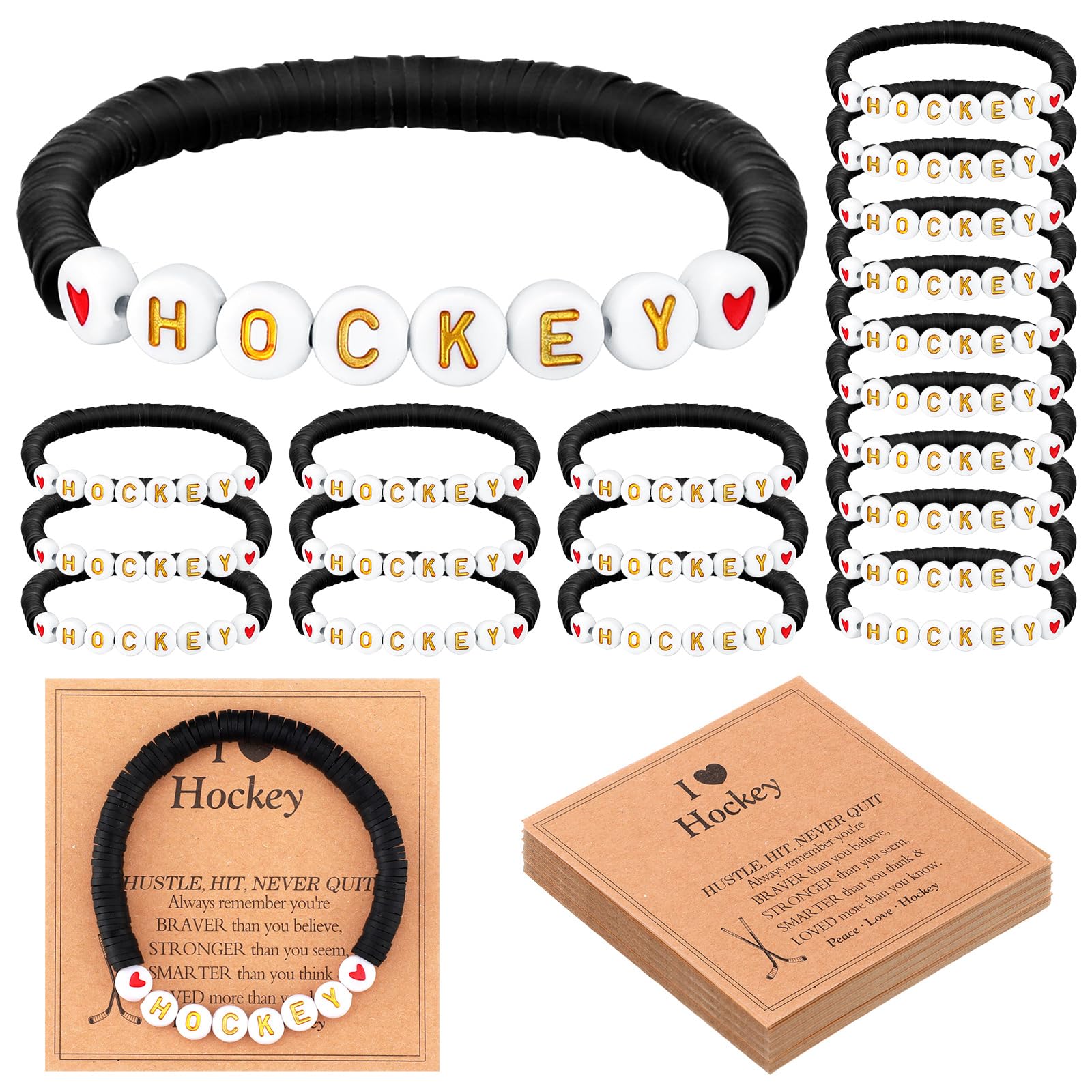 Lunmon 20 Sets Hockey Bracelets Hockey Sports Clay Beaded Bracelets with Inspirational Cards Sports Party Christmas Party Gifts Christmas Stocking Stuffers