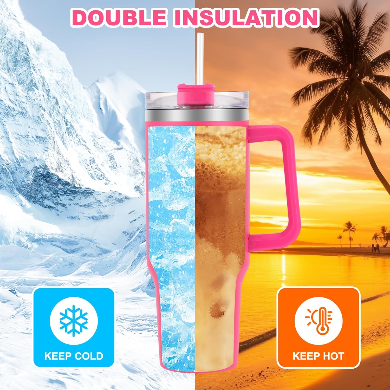 40 oz Tumbler with Handle and Flip Straw Lid, Vacuum Insulated Leak Proof Double Walled Stainless Steel Travel Mug Tumblers, Maintains Cold Ice and Heat for Hours(Hot Pink) - Image 4