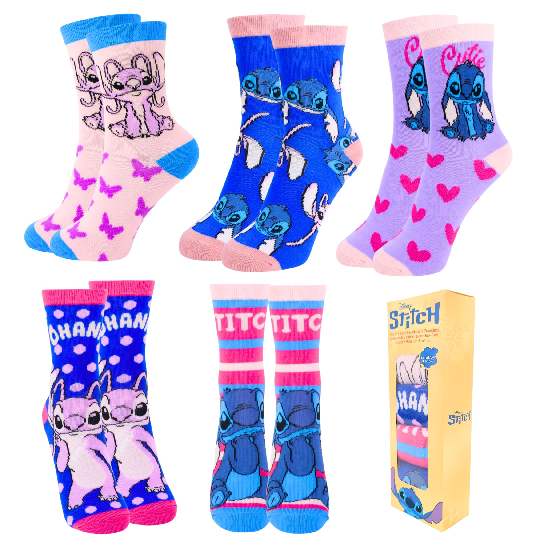 Disney Girls Multicolor Stitch ' Socks, Set Of 5 Classic Teen Socks Stitch And Angel Design, Eu Sizes 31 To 38 (Uk, Numeric, 12.5, 14.5, Regular, )