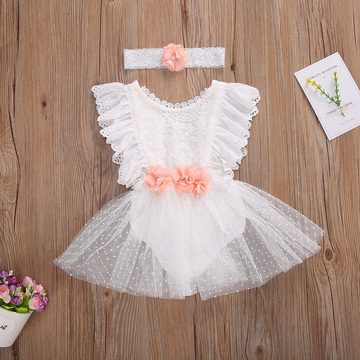 stylesilove Baby Girls Elegant White Lace Eyelet Romper with Peach Flower & Matching Headband 2pcs Flower Girl Tutu Dress Outfit (24 Months)