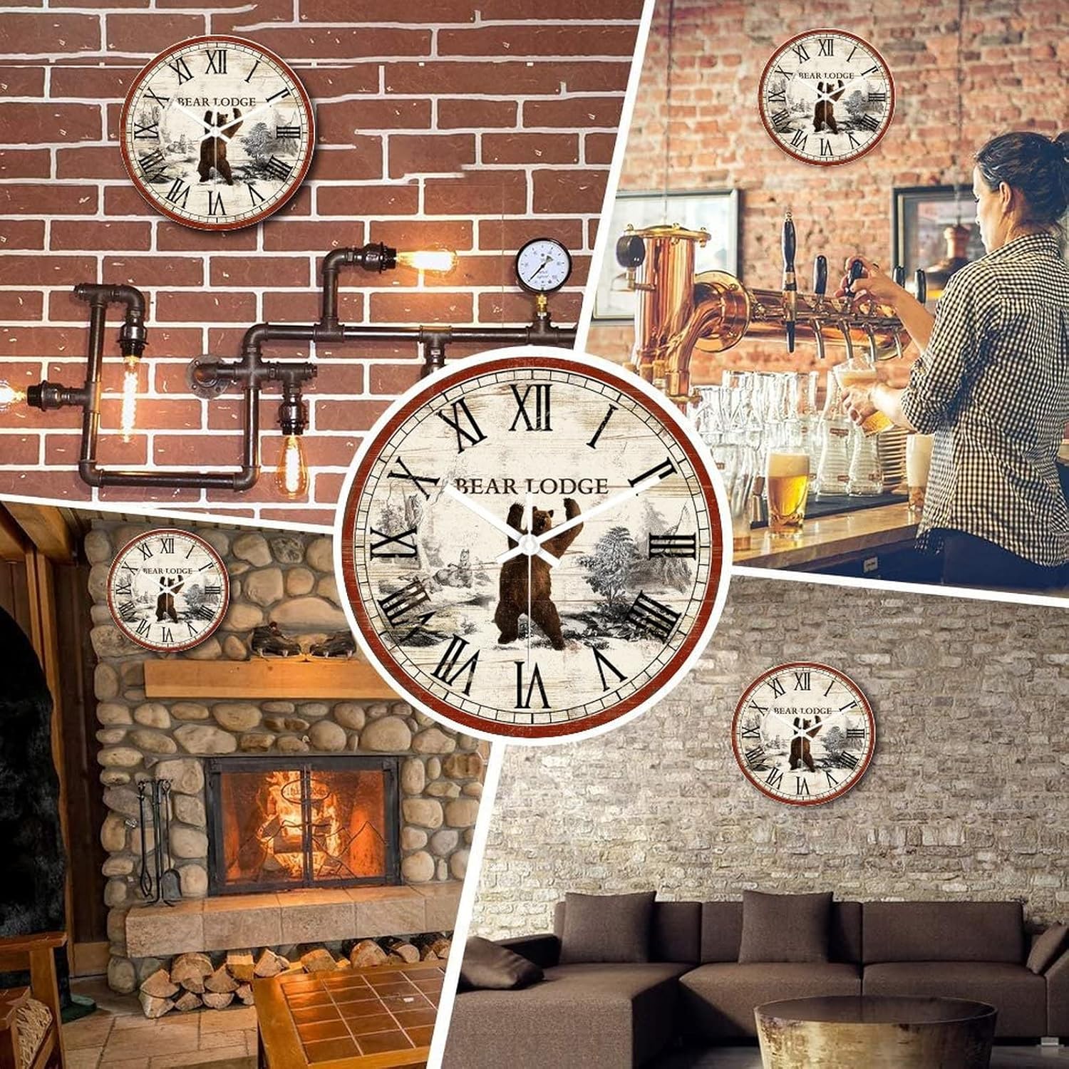 DreamAutumn Vintage Wooden Wall Clock Crack Retro Style Round Large Wall Clocks Battery Operated Non Ticking Wildlife Bear Lodge Roman Numerals Beachy Decorations Clock Home Decor 15 Inch