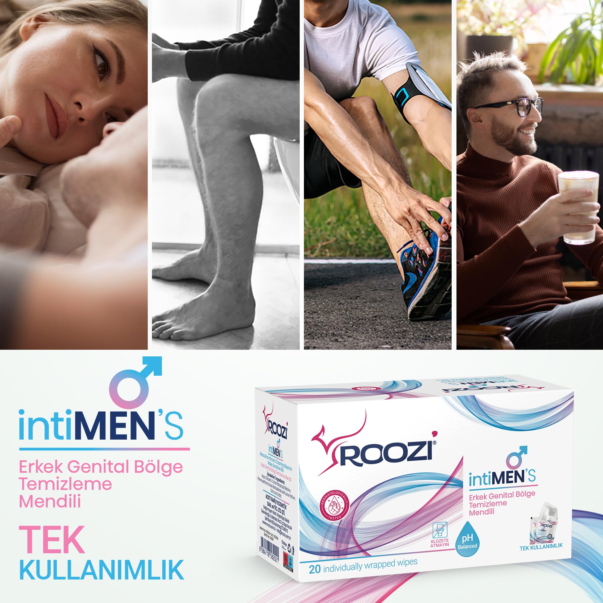 Roozi intiMEN’S – Erkekler İçin Özel Bölge Temizlik Mendilleri, Aloe Vera Konforu, Koku Giderici, Nemlendirici & Nem Desteği Sağlayan, pH Dengeli – 20’li Ayrı Paketlenmiş Mendil