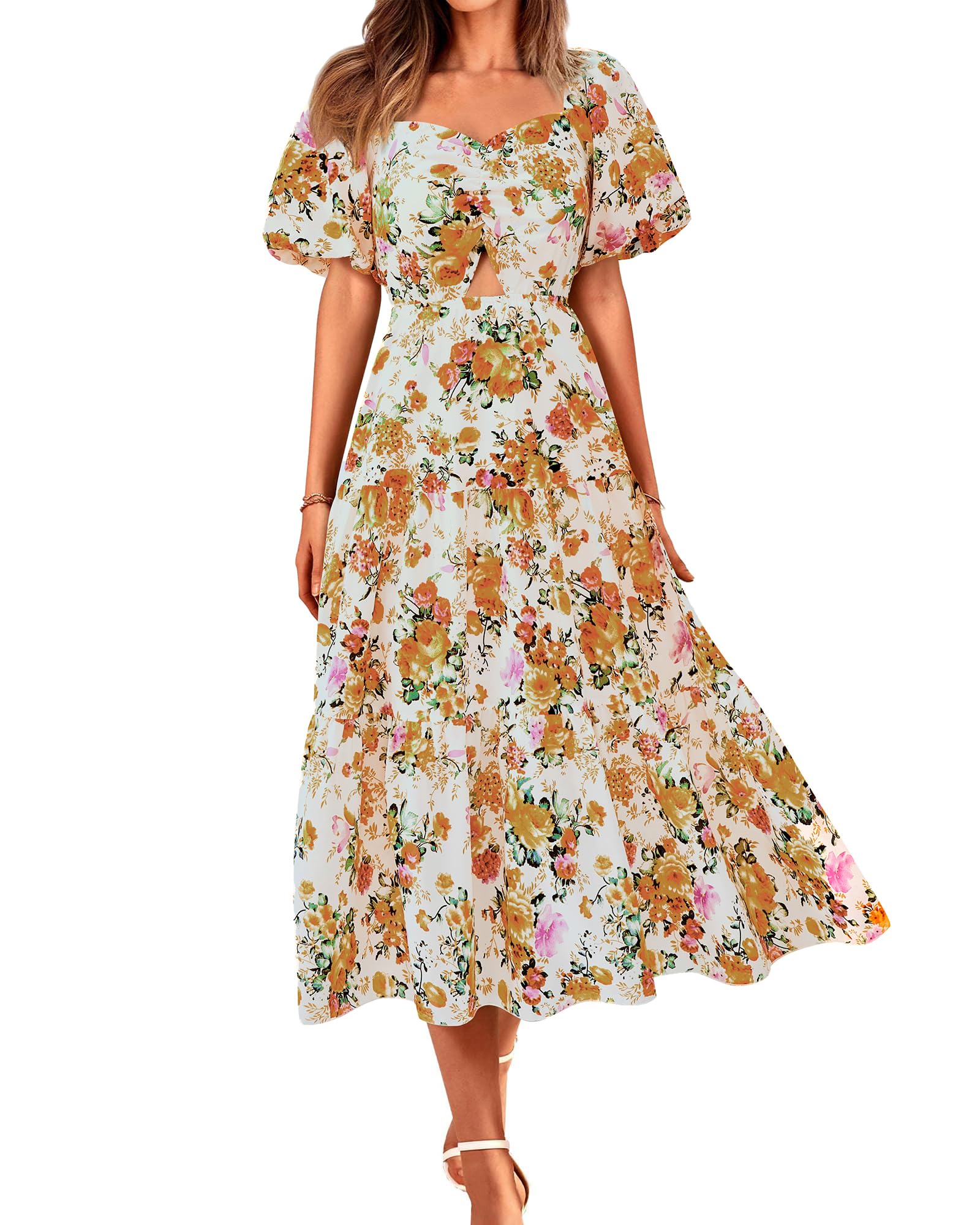 BTFBM Women's Clothing Spring Summer Dresses 2026 Beach Vacation Short Sleeve Smocked Back Boho Casual Floral Maxi Dress