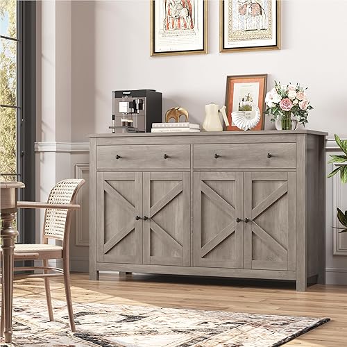 Miniatura 4 de FOTOSOK Aparador buffet con almacenamiento, armario de cocina grande de 55.1 pulgadas con 2 cajones y 4 puertas, gabinete de barra de café de