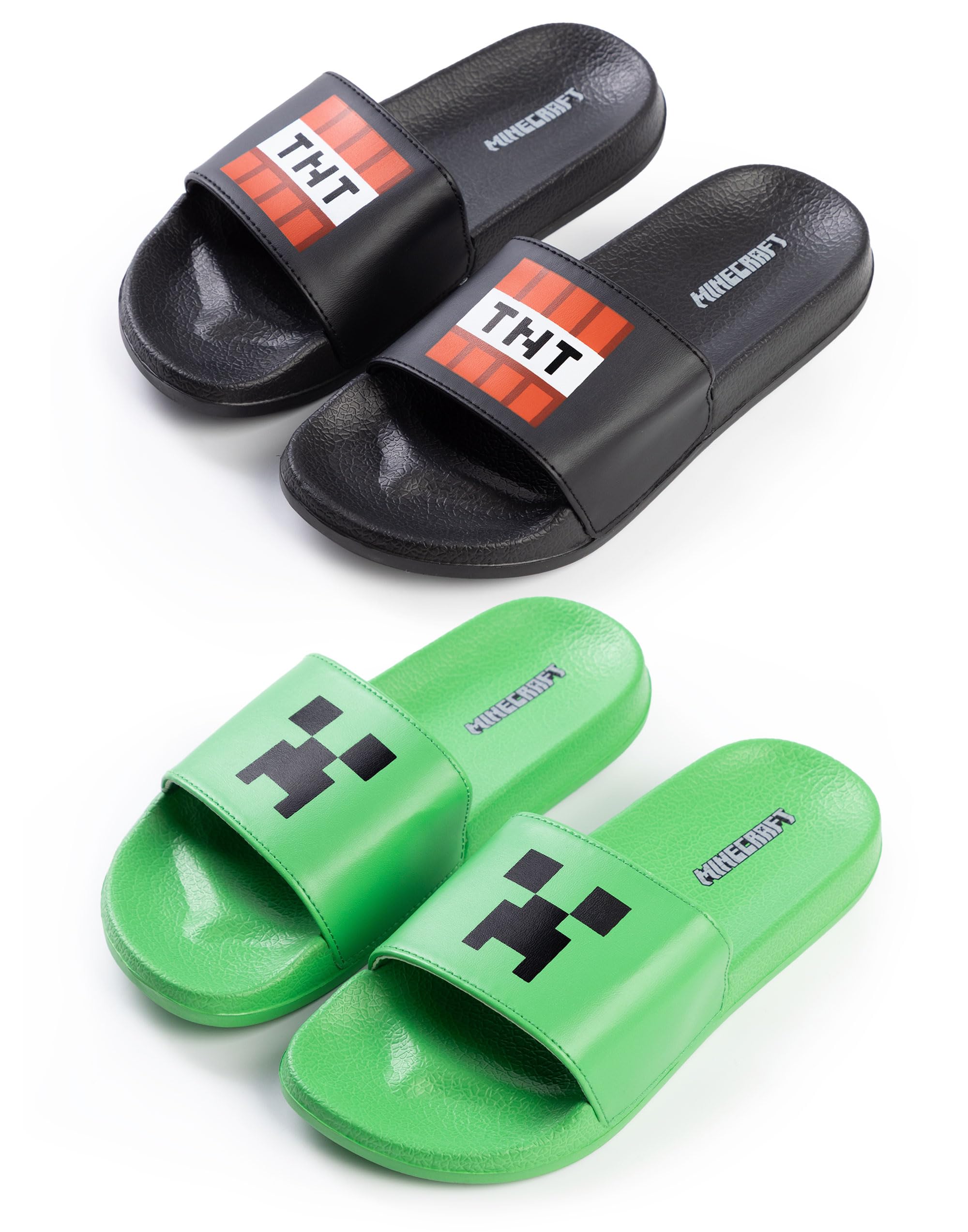 Minecraft Claquettes Creeper et TNT vertes et noires | Chaussures décontractées pour garçon | Lot de 2 claquettes avec visage de Creeper et élément de jeu TNT | Produits dérivés