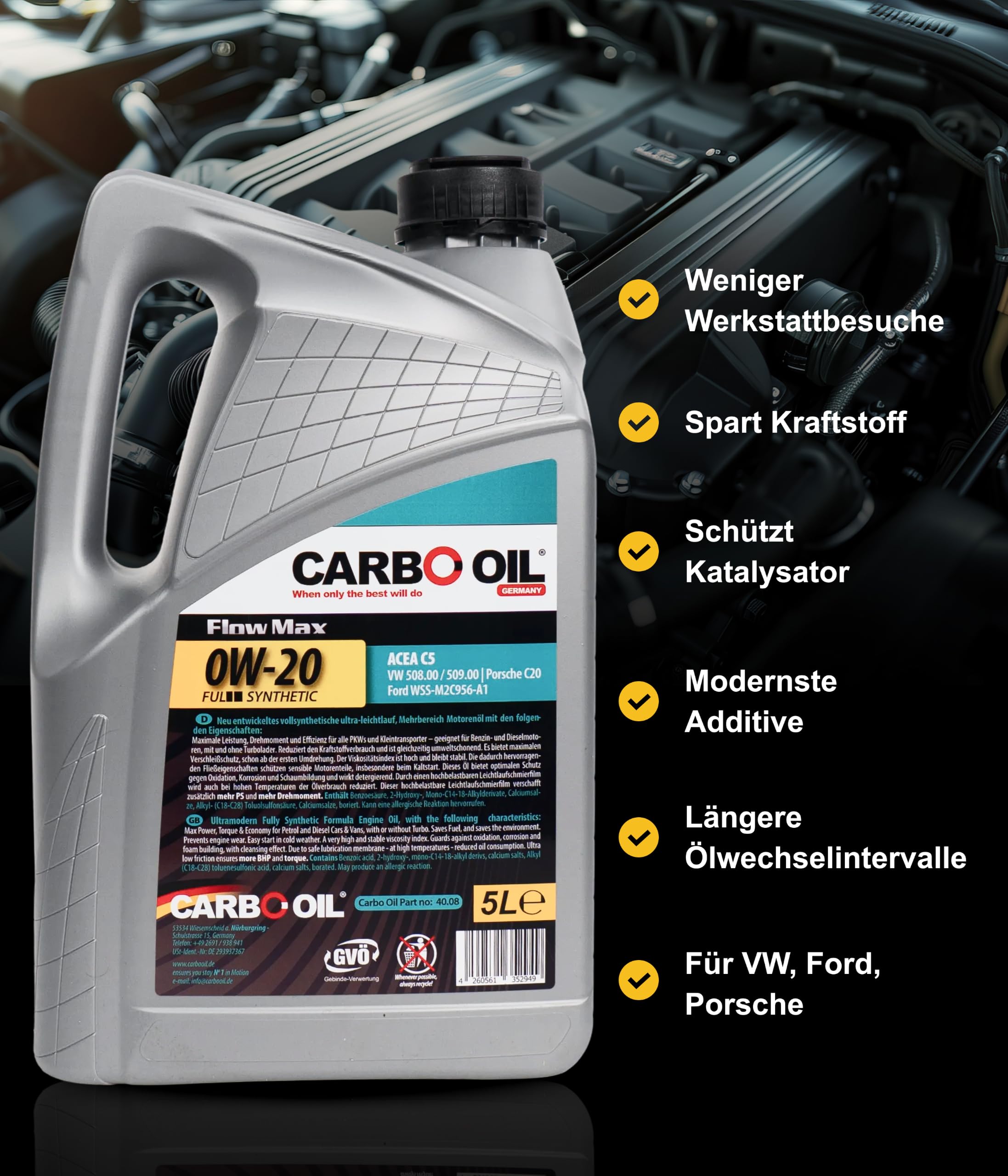 Motoröl 0W20 VW 508/509 (5L) – Vollsynthetisch, Kraftstoffsparend, schneller Kaltstart, lange Ölwechselintervalle – Motorenöl für Autos, VW und Audi 0W20 Öl – Made in Germany