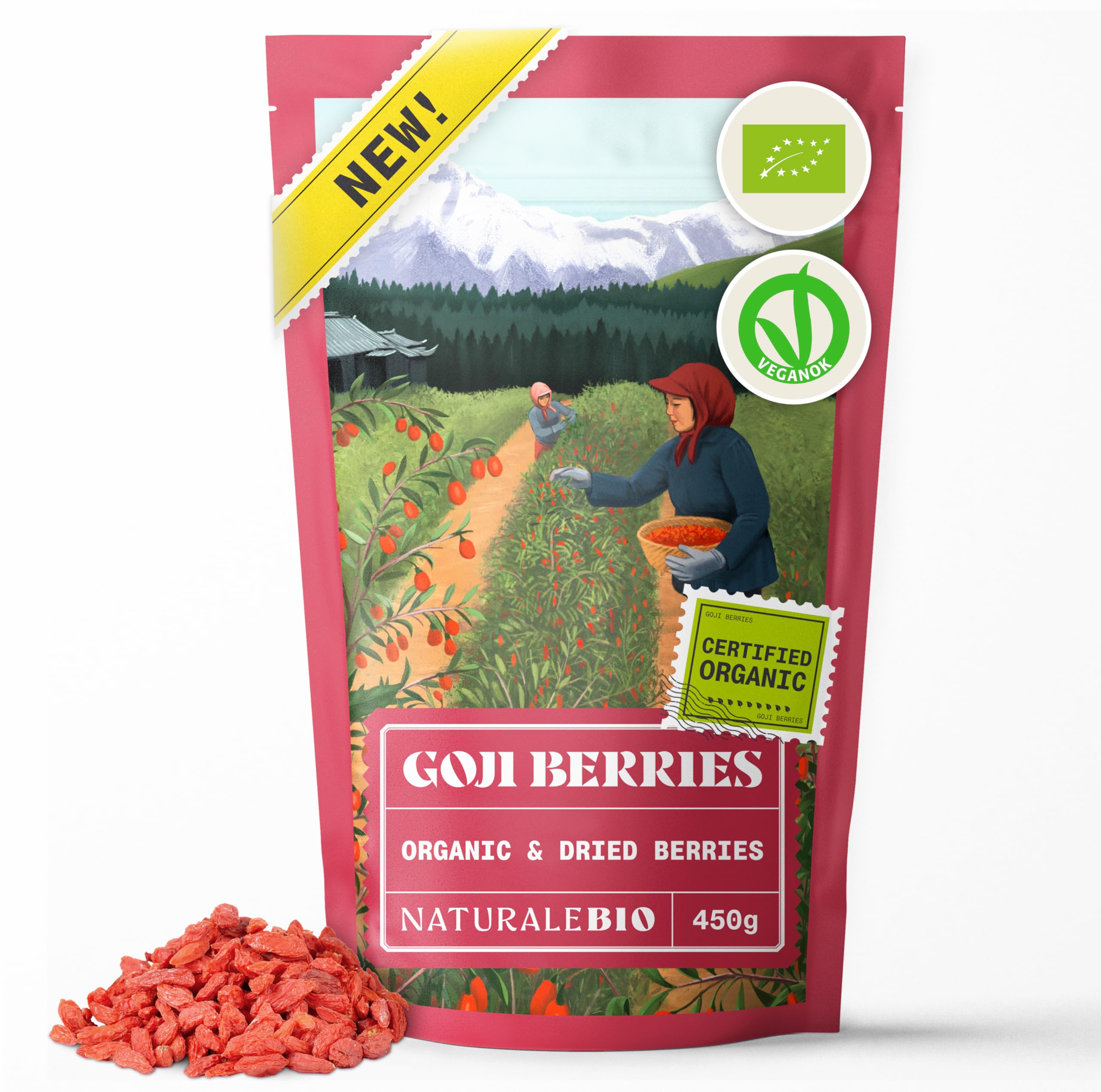 NaturaleBio Organic Goji Berries 450g. Traditional Chinese Dried Fruit. Vegan, high in Fibre. Non-GMO and Gluten-Free Snack.