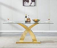 Vista 10 de Mesa de comedor de vidrio de 70 pulgadas para 4-8 personas, parte superior de vidrio templado y base de acero inoxidable en U dorada, escritorio