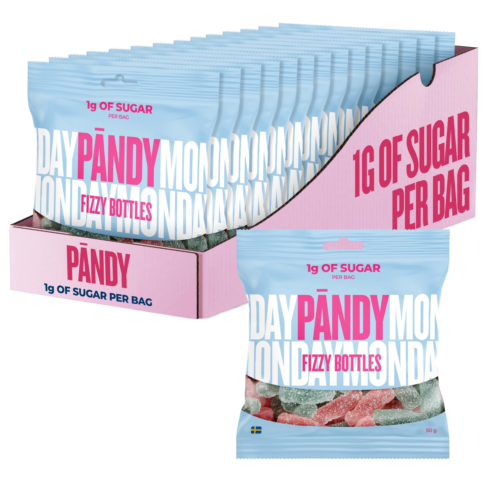 Pändy Candy Fizzy Bottles Sour Rubber Sweets, Under 1 g Of Sugar, 14x 50 g - 14 x 50 g