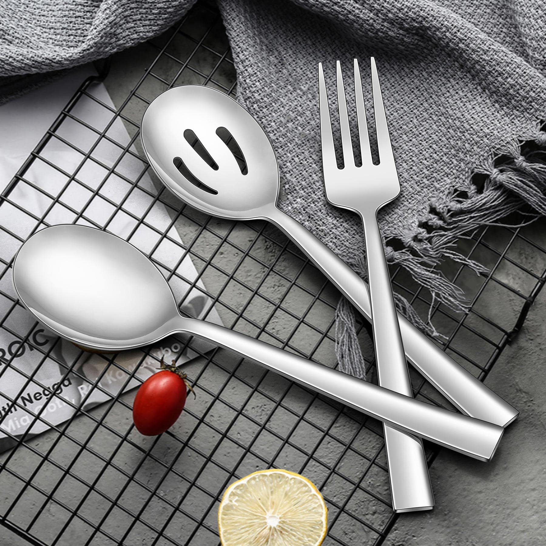 LIANYU 2 cucharas para servir, 2 cucharas ranuradas, 2 tenedores para servir, 8.6 pulgadas de acero inoxidable cucharas de servir tenedores para buffet catering banquete, apto para lavavajillas