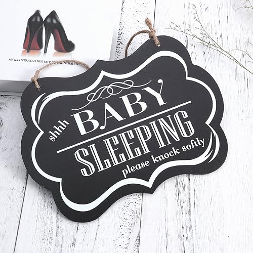 Miniatura 4 de WINOMO Letrero de dormir para puerta con texto en inglés "shhh BABY SLEEPING please knock softly", divertido letrero de madera para dormir para