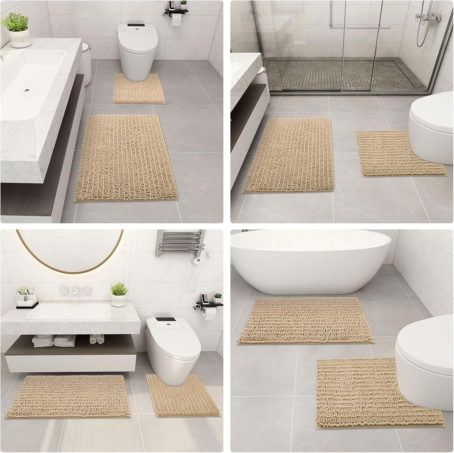 Arotive Chenille Bathroom Rugs and Toilet Rugs U-Shaped 3 Pieces, Bath Rug Size 24x16, 47x17 and Toilet Rug Size 24x20 in Beige, Bathroom Rug Set