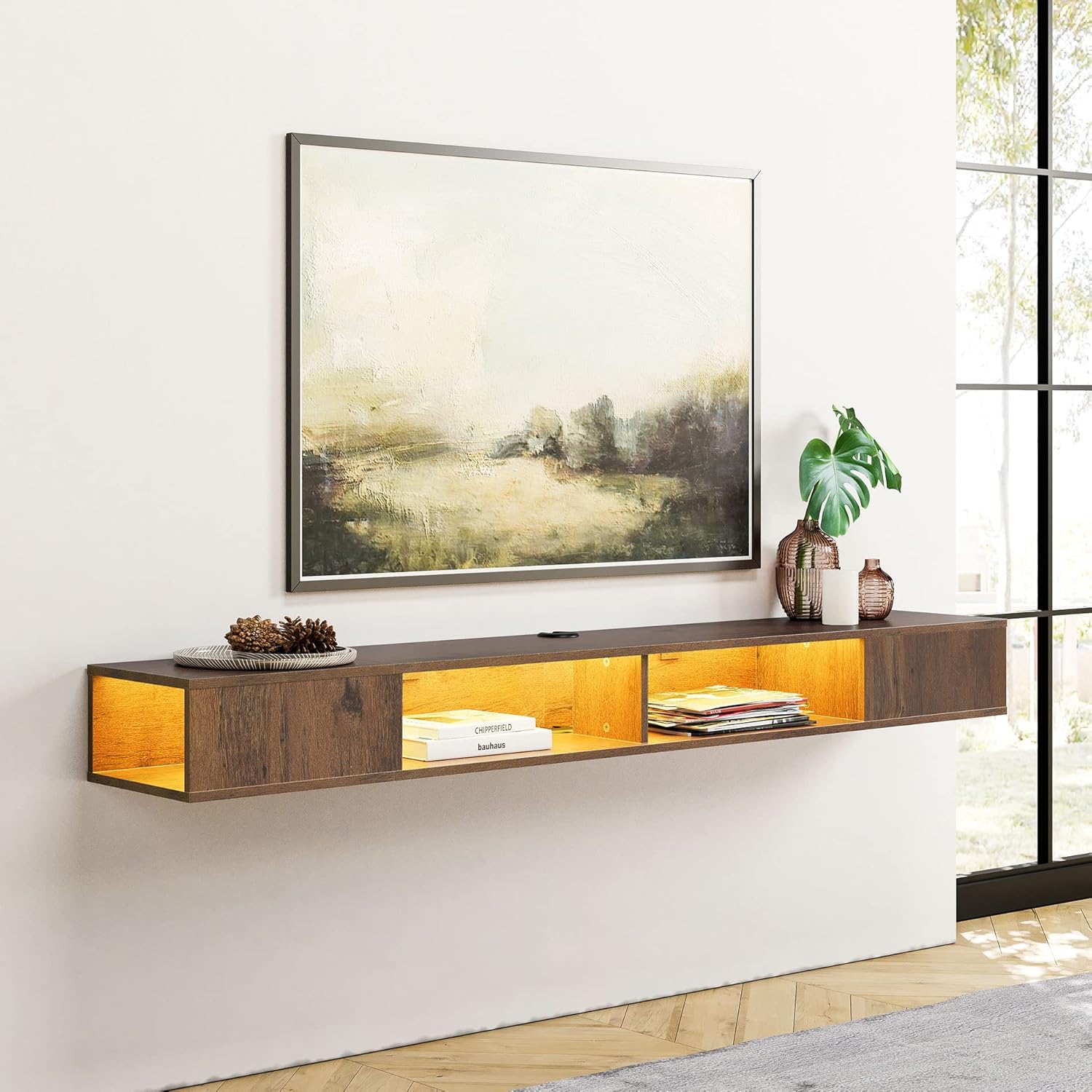 WAMPAT RGB LED Lights Floating TV Stand, 70" Floating Entertainment Center Up to 80 Inch TVs,Wall Mounted with Storage, Media Console Shelf for Living Room, Bedroom, Under TV Shelf,Brown