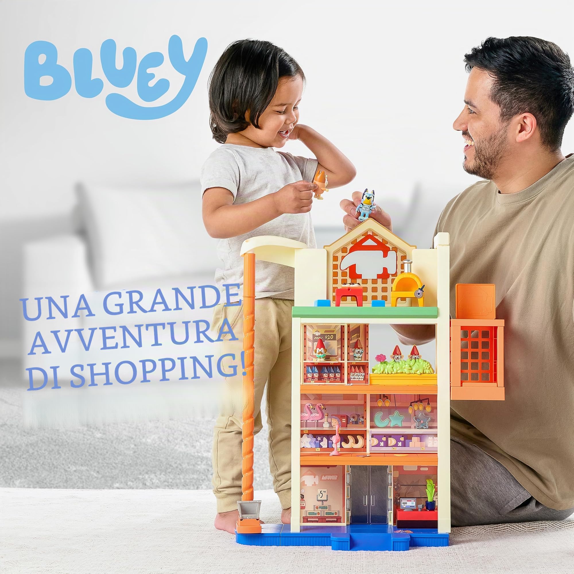 Bluey Hammerbarn - Mega set da gioco per centro commerciale, 4 livelli, altezza 55,9 cm, con sollevatore di lavoro e ritorno del carrello, luci e 45+ suoni, 3 figure, 15 accessori, più veicolo