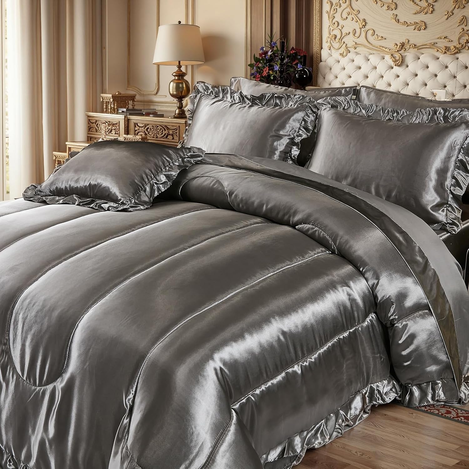 Grey Comforter Set with Satin Sheet Set King 8 Pieces Silk Like Satin Bedding Set Luxury Silky Ruffle Pattern Home Deocr Sexy Hotel Silky Bed Set with 1 Cushion Cover