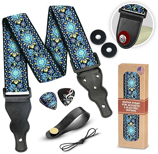 Art Tribute Hootenanny Guitar Strap For Acoustic, Electric and Bass Guitar, Jacquard Weave Embroidered Adjustable Strap Includes 2 Strap Locks to Keep It Safe & 2 Unique Picks and Pick Pocket