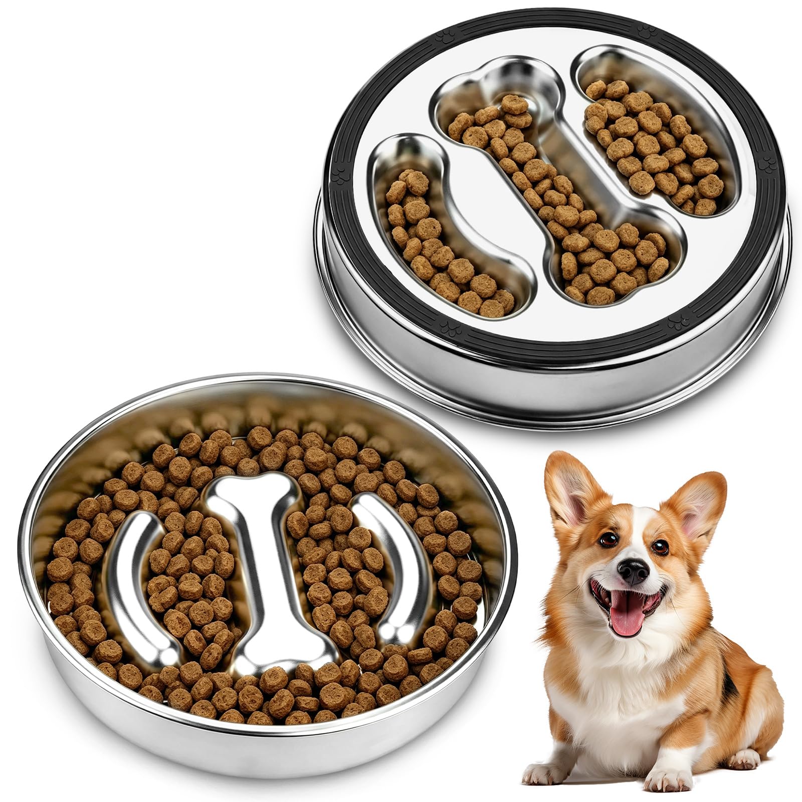 Slow Feeder Dog Bowl 304 Stainless Steel, Non-Slip Metal Dog Food Bowl