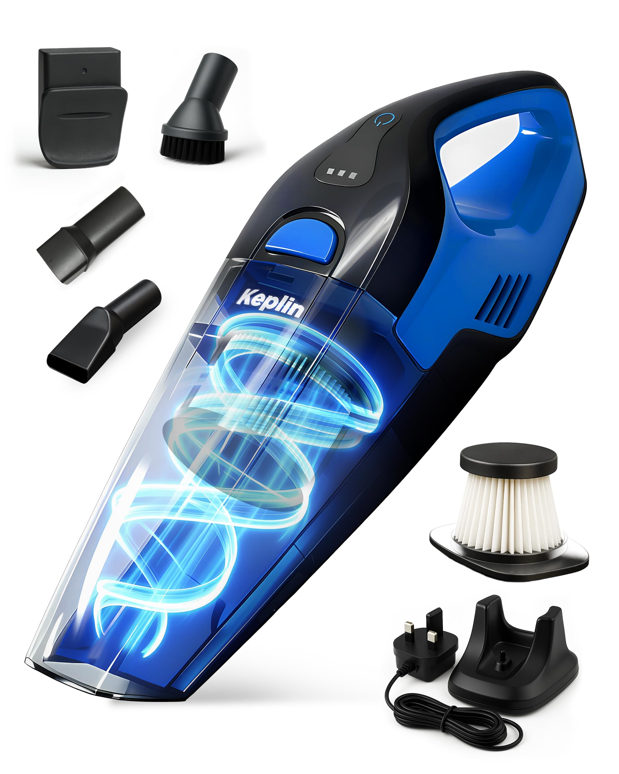 KEPLIN Cordless Handheld Vacuum Cleaner, Wet & Dry Use, 25–30 Min Runtime, LED Lights and Wall Mount – 0.5L Dust Bin, Portable Mini Vacuum for Car, Home & Pet Hair – 50W Power