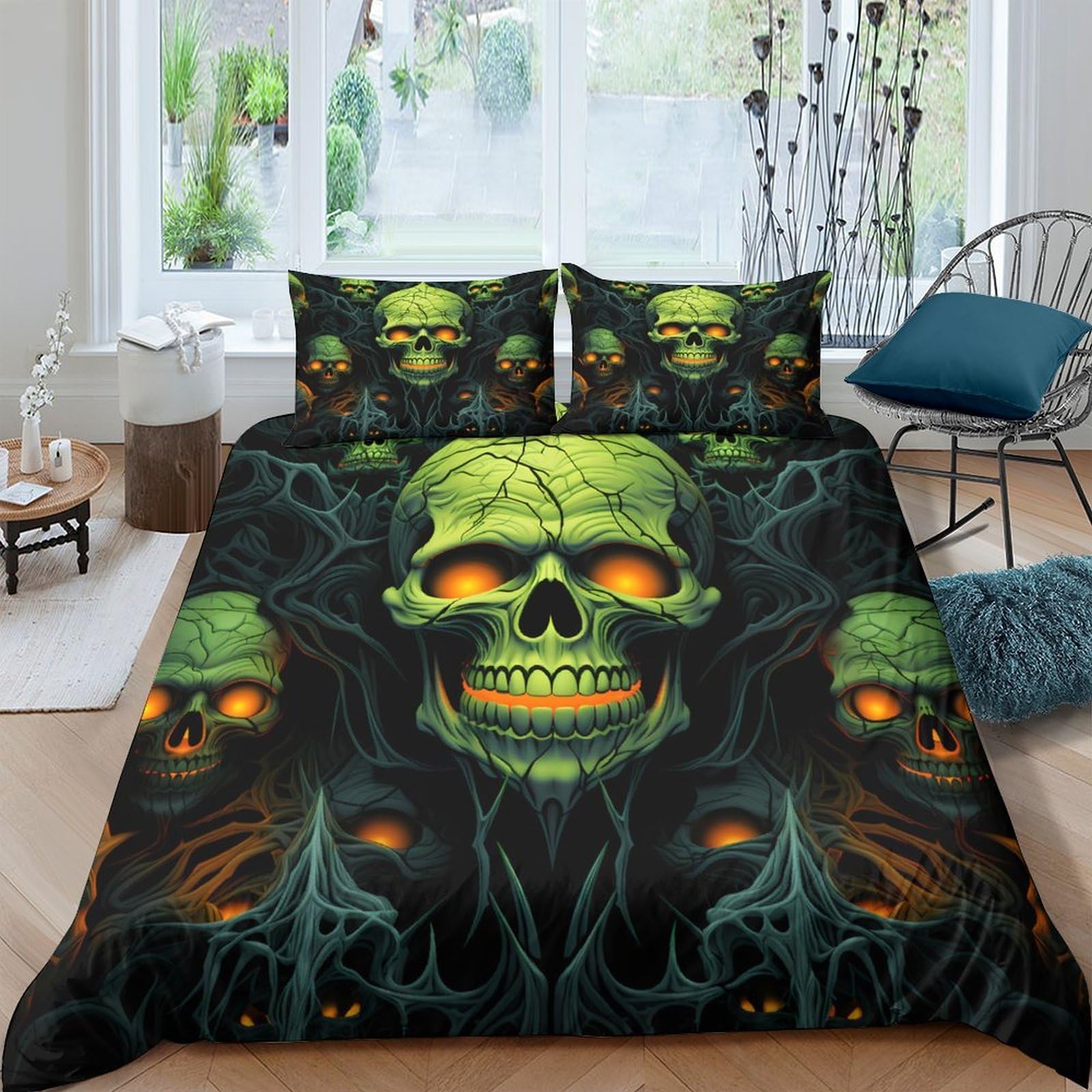 Ctjqhvkz Style-6 3D Printed Green Skull Fitted Sheet Microfiber Soft Gothic Flame Skull Bed Cover For Bedroom Dorm Mattress Protection Decor Single（135X200cm）