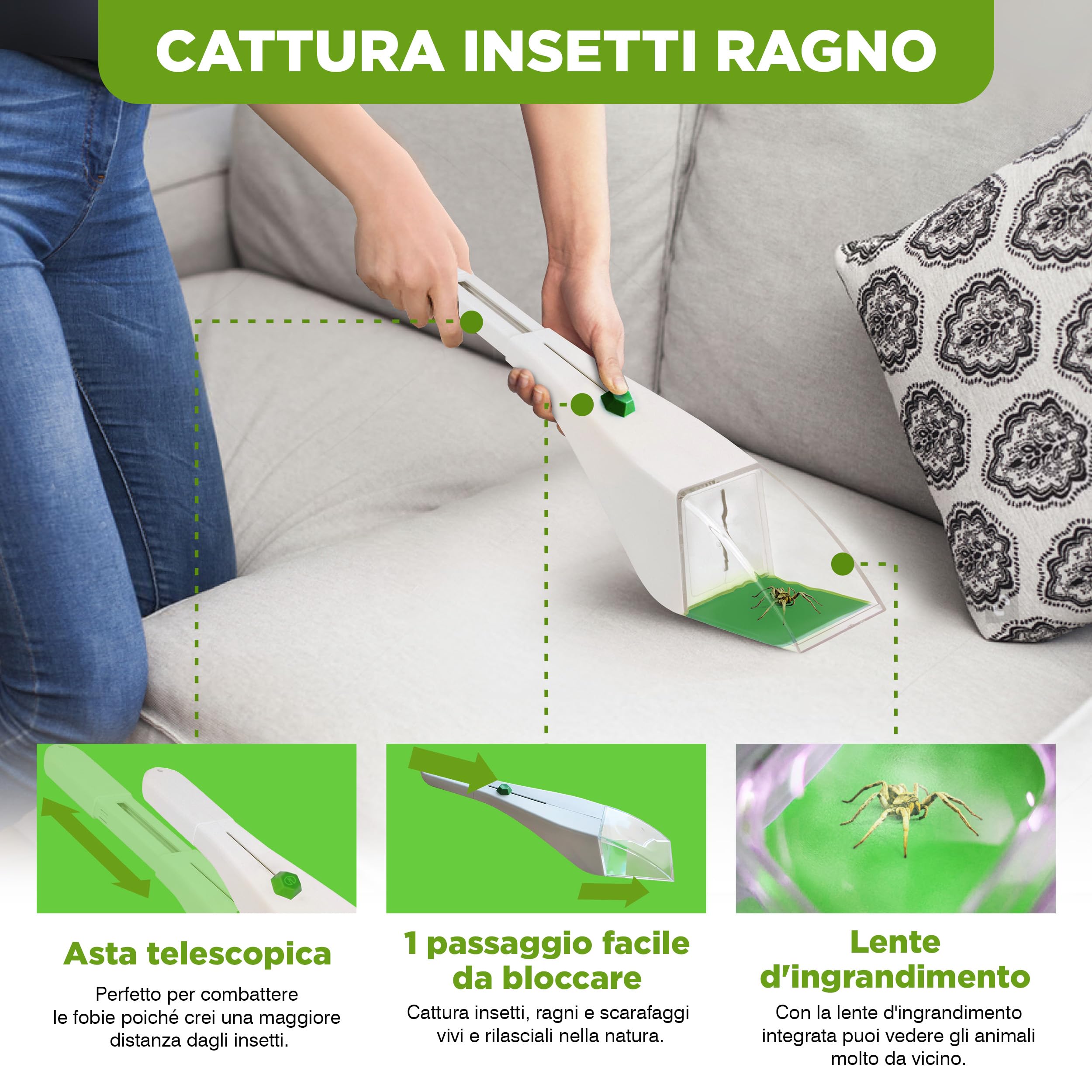 ISOTRONIC cattura insetti ragni manico telescopico ecologica lente ingrandimento visione ottimale casa giardino rimozione senza contatto 3 pezzo efficace sicuro interno esterno difesa cruelty free